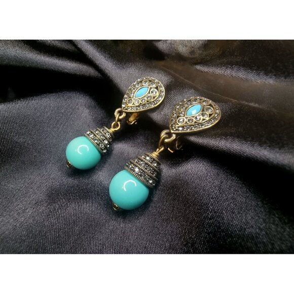 Heidi Daus Faux Turquoise Clear Crystals Bronze Tone Dangle Earrings - Picture 1 of 4